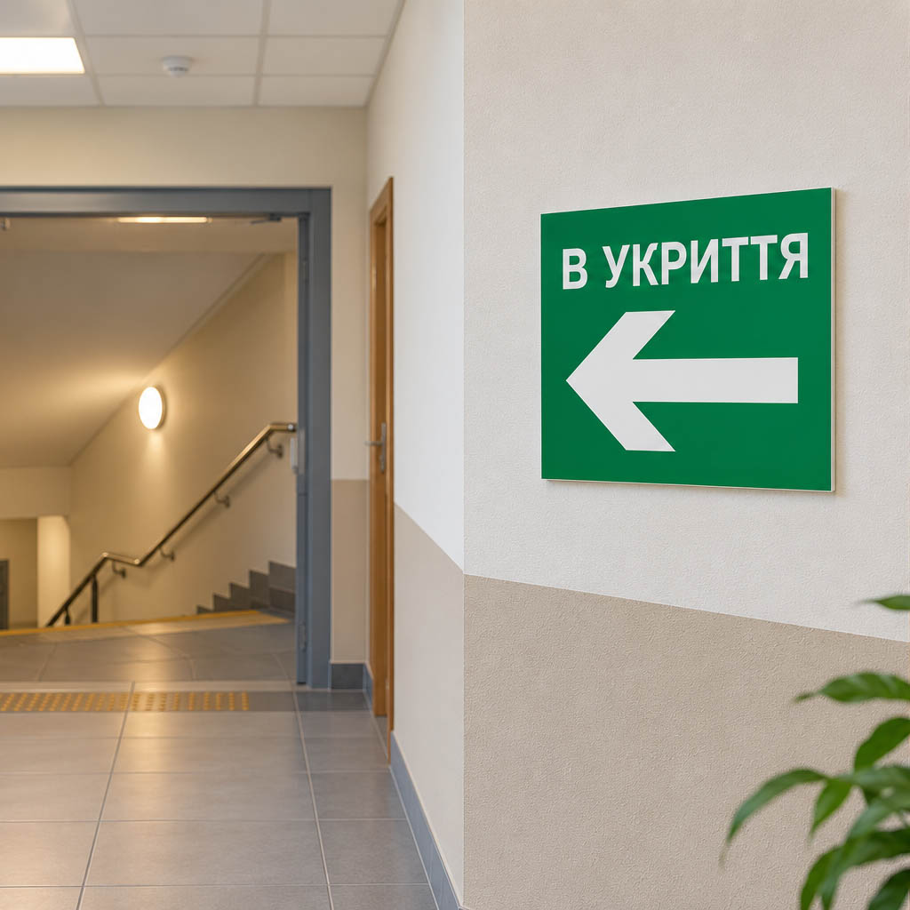 Таблички та покажчики «Укриття» для бомбосховищ із ПВХ 3 мм